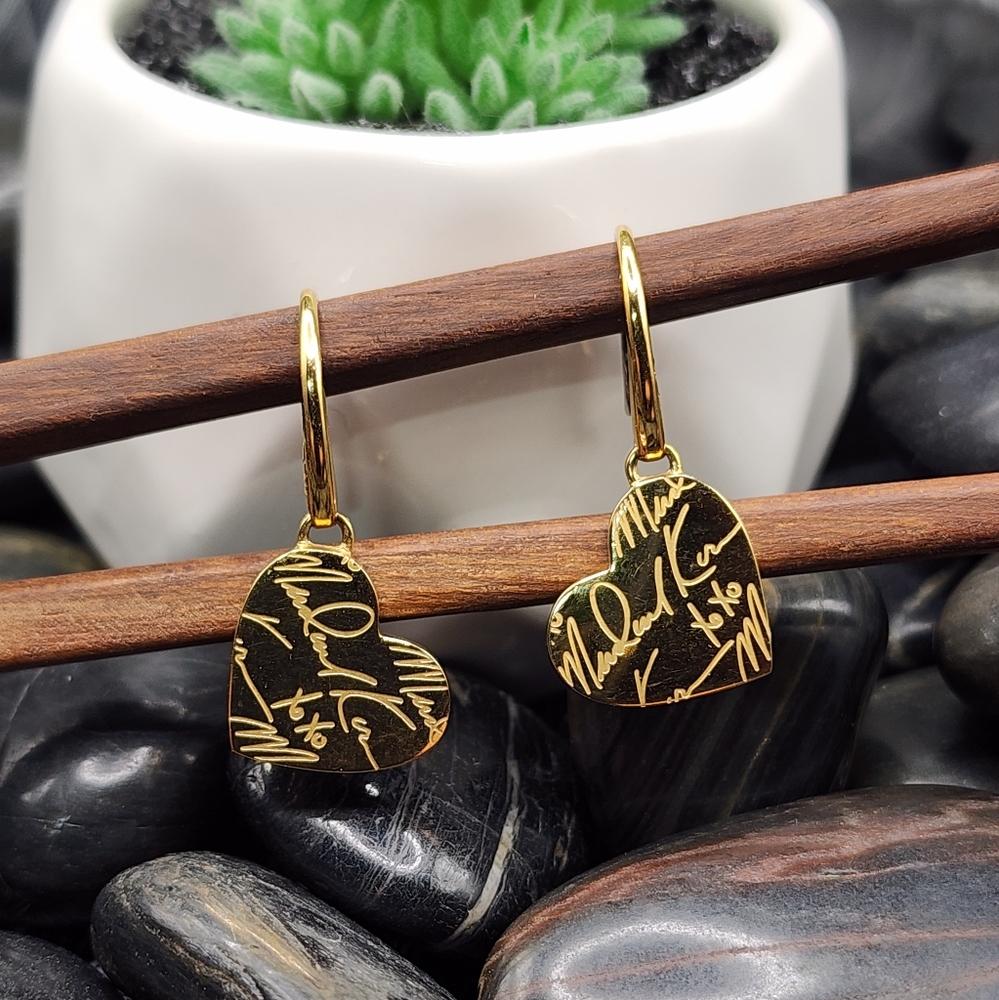 Michael Kors Signature Golden Etched Heart Dangle Earrings